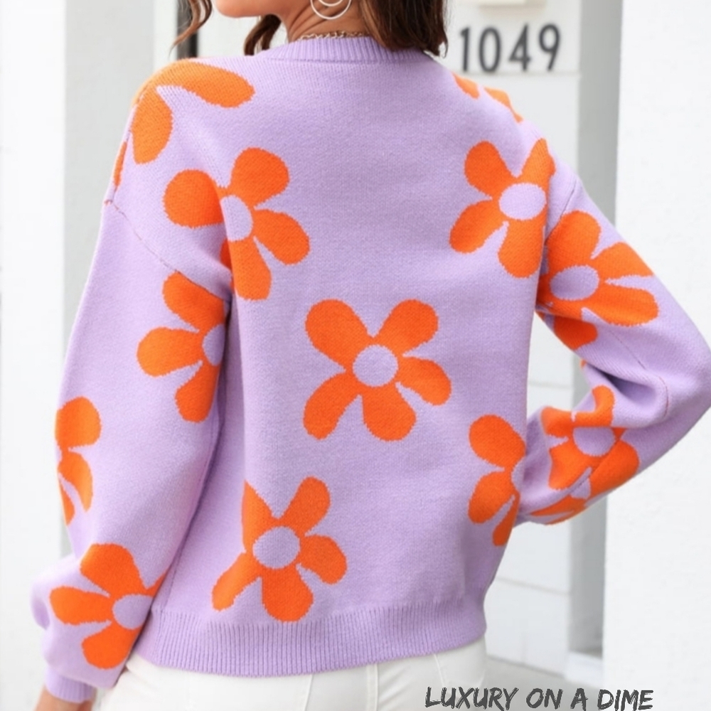 Flower Power Retro Floral Knit Round Neck Long Sleeve Oversized Pullover Sweater - Picture 5 of 9
